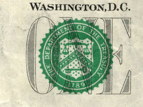 Герб Минфина США на однодолларовой купюре.