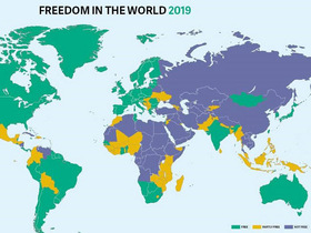 Фрагмент карты «Свобода в мире-2019». Синим цветом обозначены несвободные государства.