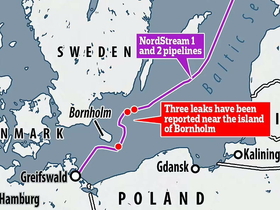 На красном фоне: «Три утечки зафиксированы близ острова Борнхольм». На фиолетовом: «газопроводы „Северный поток 1 и 2“